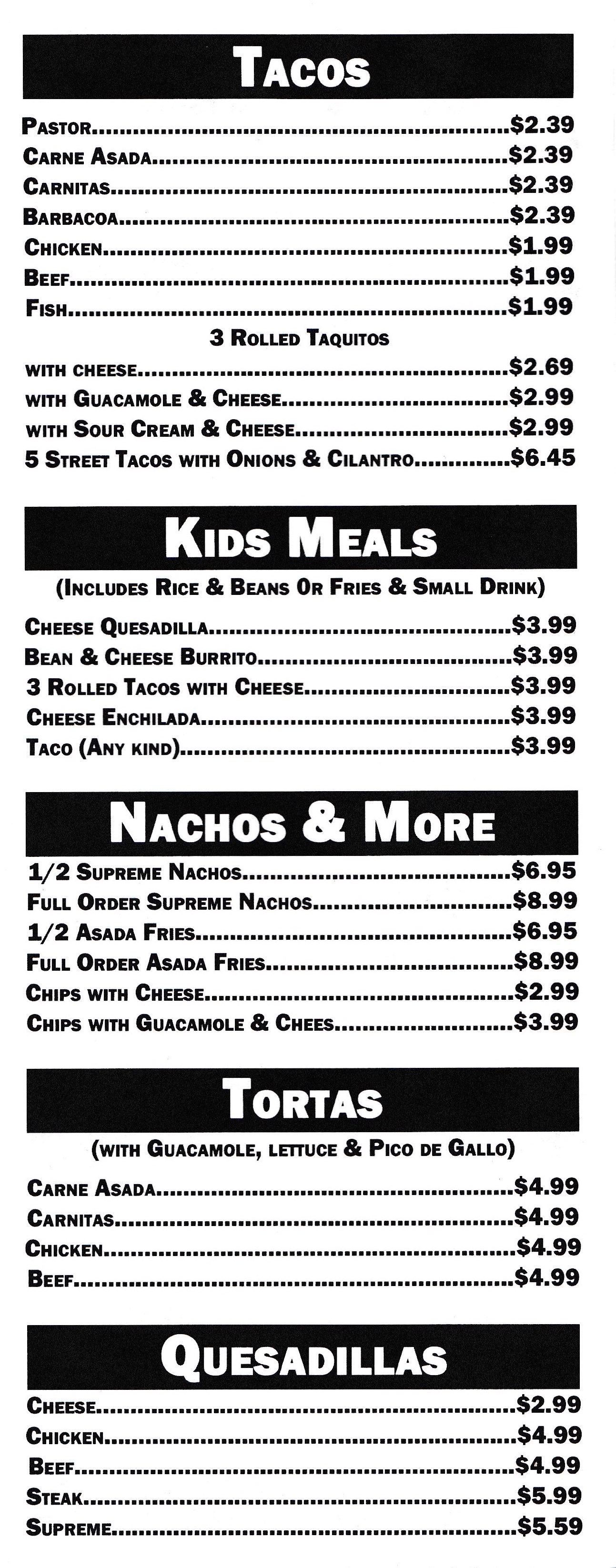 Armando’s Mexican Food Menu